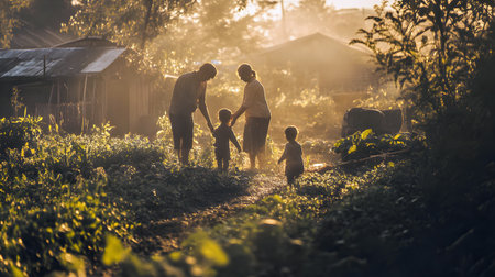 Happy family of father, mother and son in the garden at sunsetの素材