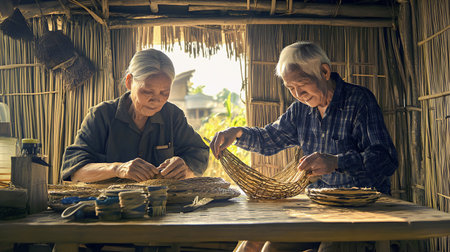 Old asian couple weave wicker baskets in a bamboo hut.の素材