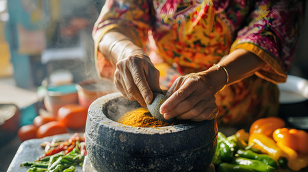 Close-up of a woman's hands pouring spices into a mortarの素材