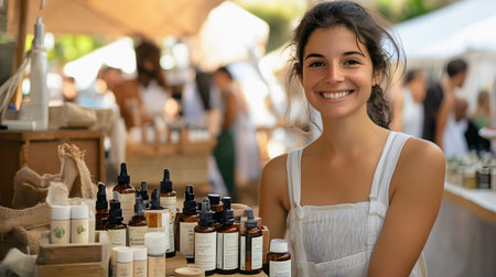 Portrait of a beautiful young woman with natural cosmetics in her handsの素材