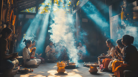 View of unknowns Nepali people attending a religious ceremony inside the Pashupatinath temple in the morningの素材