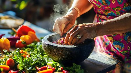 Hands of Indian woman making fresh vegetable salad in wooden bowl.の素材