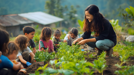 Group of children planting seedlings in the vegetable garden. Selective focus.の素材