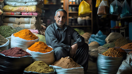 A portrait of a man selling spices in a spice market in Indiaの素材