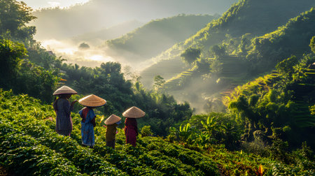Unidentified Myanmar farmers in the tea plantation at sunriseの素材