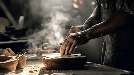 Close up of a potter working in his pottery workshop.の素材