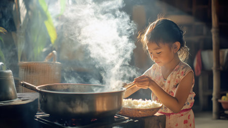 Asian Chinese little girl cooking rice in a pot at home kitchen.の素材