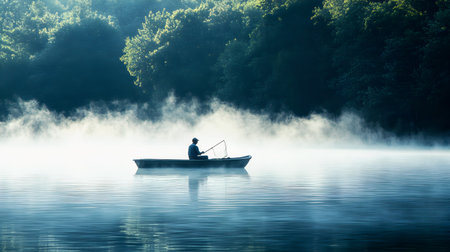 Fisherman in a boat on the lake in the morning fogの素材