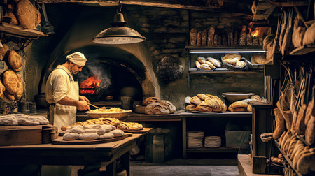 Baker making bread in a bakery. Authentic lifestyle image.の素材