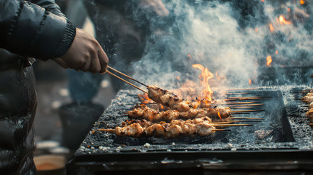 The man is cooking chicken skewers on a barbecue grill. Close-up.の素材
