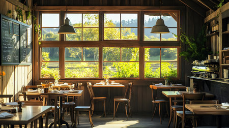 Tables and chairs in a cozy restaurant with large windows and wooden wallsの素材