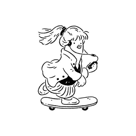 Girl skateboarding and listening to musicの写真素材