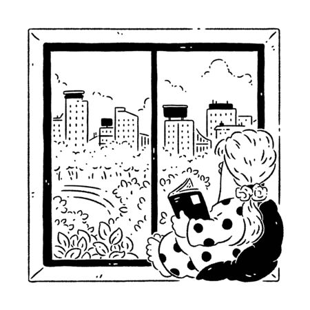 Woman sitting on window ledge and reading a book at homeの写真素材