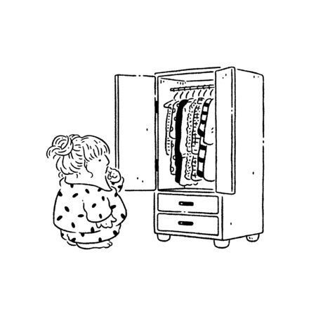 Girl thinking about what to wear in front of open closetの写真素材