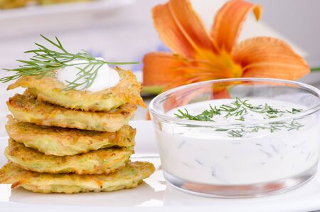 vegetable pancakes with zucchini and carrots, close-upの写真素材