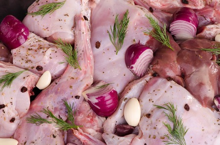 marinated meat, raw rabbit meat chopped into pieces with spicesの写真素材