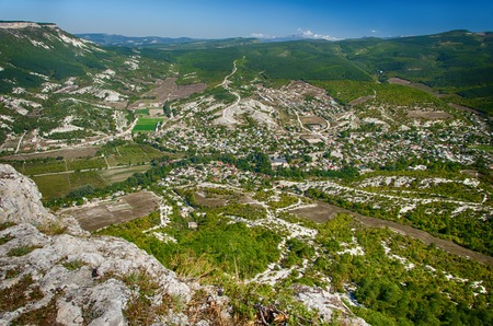 landscape,  view from the mountains in the village against the backdrop of a mountain ridgeの写真素材