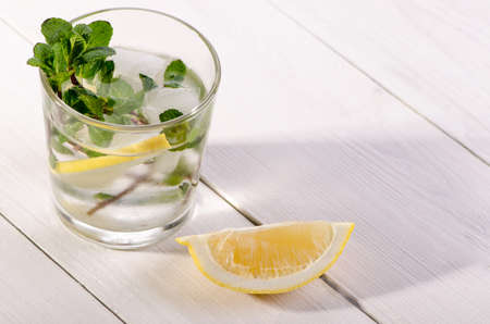 A refreshing cold drink with mint and lemon, macroの写真素材