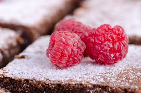 Raspberries sprinkled with icing sugar on chocolate cake, close-upの写真素材