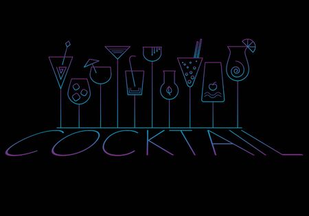 cocktail glasses set and cocktail text with neon colors on black background, vector illustrationの写真素材
