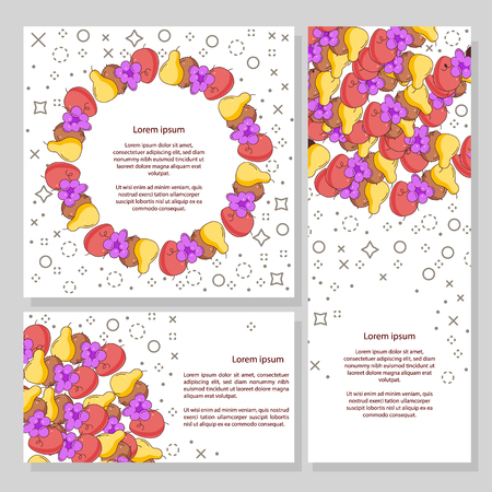 Vector fruit and berry banners set with seamless pattern. Design for juice, natural cosmetics, sweets and pastries filled with fruit, dessert menu, health care products. With place for textのイラスト素材