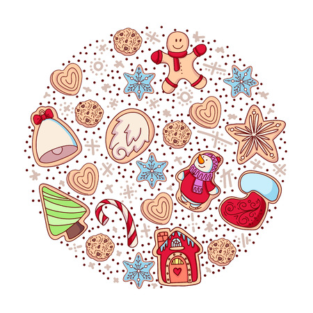 Set of vector icons of ginger bread cookies in flat style. Gingerbread men and Christmas tree, star, heart, bell and other holiday symbols baked by hand. Festive baking for winter holidays.のイラスト素材
