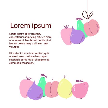 Colorful fruit illustration. Of fruits for your design. Fruits collection. Set of tropical fruit. Hand drawn Vector illustration. With space for text.のイラスト素材