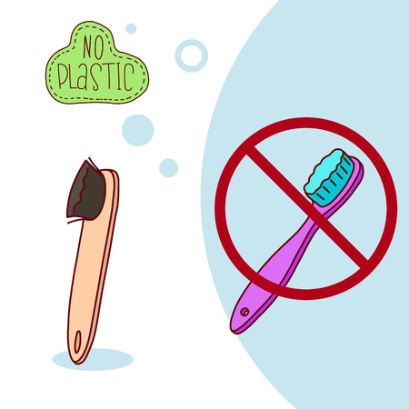 Zero waste concept poster. Plastic toothbrush vs bamboo toothbrush.のイラスト素材
