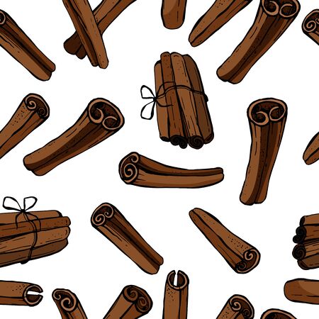 Cinnamon illustration isolated on white background, Hand drawn seamless pattern. Design food, Organic spice ingredient for healthy market, restaurant menu, aromatherapy. Vector illustration.のイラスト素材