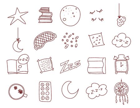 Sleep and insomnia outline items including moon, stars, sheep, pillow, tea or coffee, pills, dream catcher, mask, alarm clock, nightcap isolated on white background. のイラスト素材