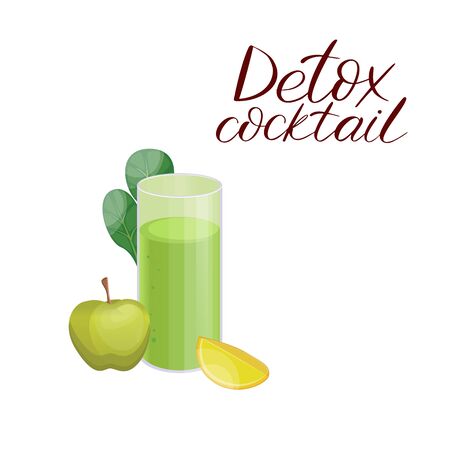 Detox cleanse drink concept, green vegetable smoothie. Natural, organic healthy juice in a glass. Cucumber, apple, lime and spinach mix isolated on whiteのイラスト素材