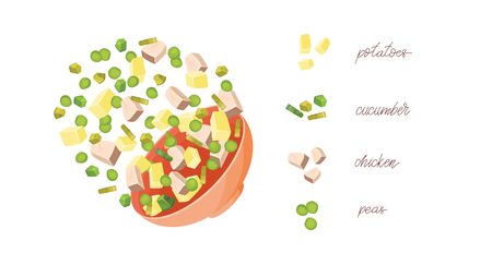 Green salad of fresh vegetables in a transparent salad bowl object isolated on a white background.  Vector.のイラスト素材