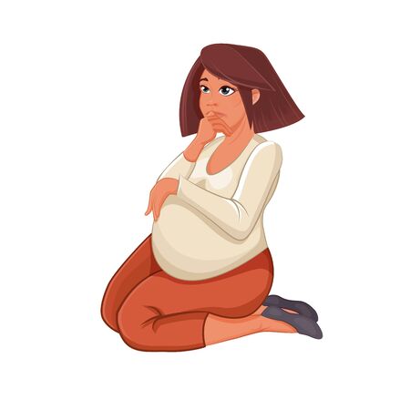 Cute Pregnant woman Cartoon Character banner. A pregnant young brunette girl, sitting lap and hugging her baby.のイラスト素材