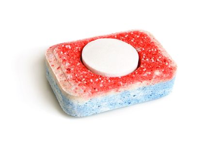 Tablet for dish-washing machine on a white backgroundの写真素材