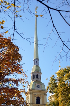 Tower of Peter and Paul cathedral in St.Petersburg, Russia. A vertical picture.の写真素材