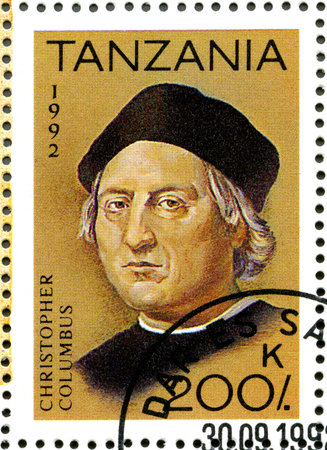TANZANIA - CIRCA 1992: A stamp printed in Tanzania devoted to 500th anniversary of the discovery of America, shows Christopher Columbus, circa 1992のeditorial素材