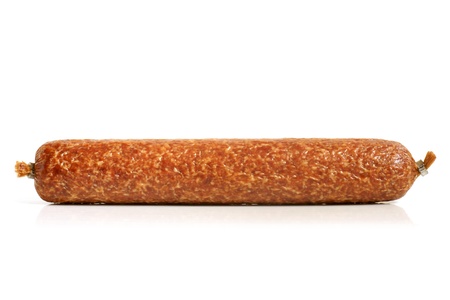 Salami sausage on a white backgroundの写真素材