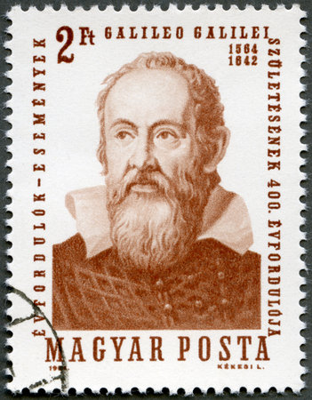 HUNGARY - CIRCA 1964: A stamp printed by Hungary, shows Galileo Galilei (1564-1642), issued for the 400th birth anniversary, circa 1964のeditorial素材