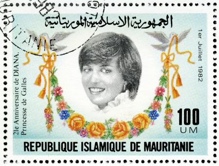 MAURITANIA - CIRCA 1982  A stamp printed in Mauritania shows Diana, 21st Birthday of Princess Diana of Wales, circa 1982の写真素材