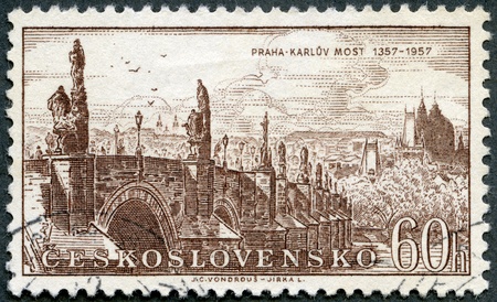 CZECHOSLOVAKIA - CIRCA 1957: A stamp printed in Czechoslovakia shows Charles Bridge 1357-1957, Prague, circa 1957の写真素材