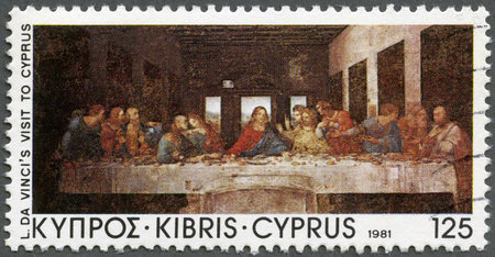 CYPRUS - CIRCA 1981  A stamp printed in Cyprus shows  The Last Supper , by Da Vinci, Da Vincis visit to Cyprus, 500th anniversary, circa 1981のeditorial素材
