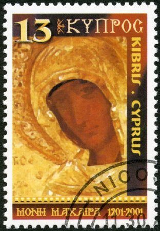 CYPRUS - CIRCA 2001  A stamp printed in Cyprus shows Icon of Madonna, Holy Monastery of Macheras, 800th anniversary, circa 2001のeditorial素材