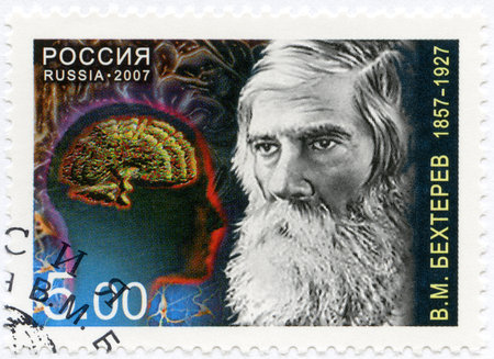 RUSSIA - CIRCA 2007: A stamp printed in Russia devoted The 150th birth anniversary of V.M. Bekhterev (1857-1927), psychoneurologist, circa 2007のeditorial素材