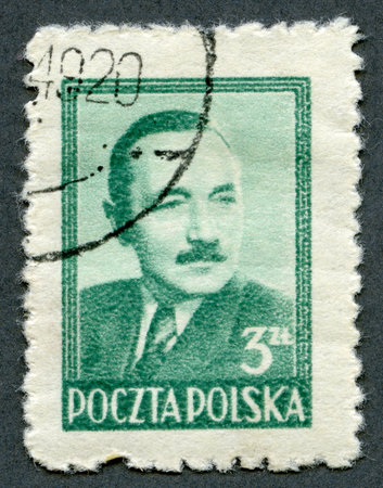 POLAND - CIRCA 1948: A stamp printed in Poland shows President Boleslaw Bierut (1892&1956), circa 1948のeditorial素材