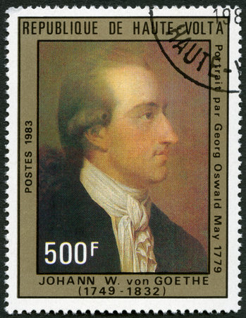 UPPER VOLTA - CIRCA 1983  A stamp printed in Upper Volta shows Johann Wolfgang von Goethe, by Georg Oswald May, 1779, circa 1983のeditorial素材