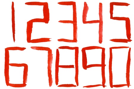 Painted red watercolor numbers isolated on a white backgroundの写真素材