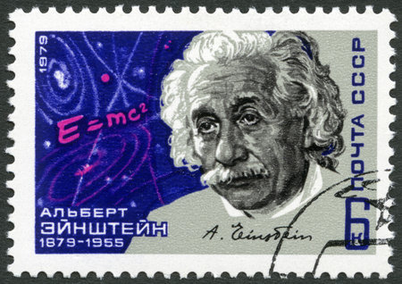 USSR - CIRCA 1979: A stamp printed in USSR shows Albert Einstein (1879-1955), theoretical physicist, Equation and Signature, circa 1979のeditorial素材