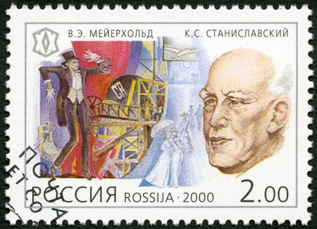 RUSSIA - CIRCA 2000: A stamp printed in Russia shows Vsevolod E. Meyerhold (1874-1940), Konstantin S. Stanislavski (1863-1938), theatre directors, actors, series National Cultural Milestones in the 20th Century, circa 2000のeditorial素材