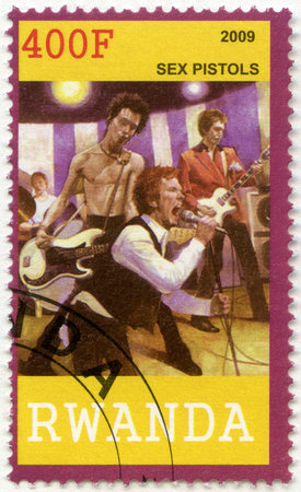 RWANDA - CIRCA 2009: A stamp printed in Republic of Rwanda shows Sex Pistols, circa 2009のeditorial素材
