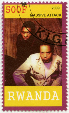 RWANDA - CIRCA 2009: A stamp printed in Republic of Rwanda shows Massive Attack, circa 2009のeditorial素材